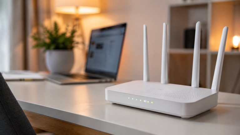 Masada ışıkları yanan beyaz kablosuz modem ve arkada açık dizüstü bilgisayar