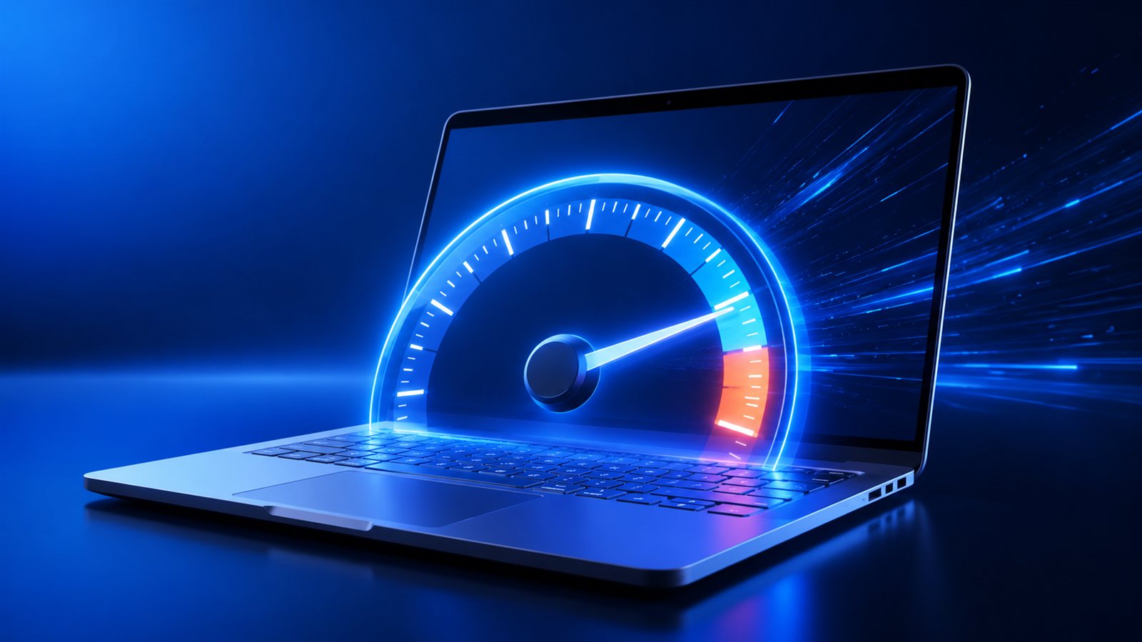 Dizüstü bilgisayar ekranından yükselen mavi neon hız göstergesi illüstrasyonu