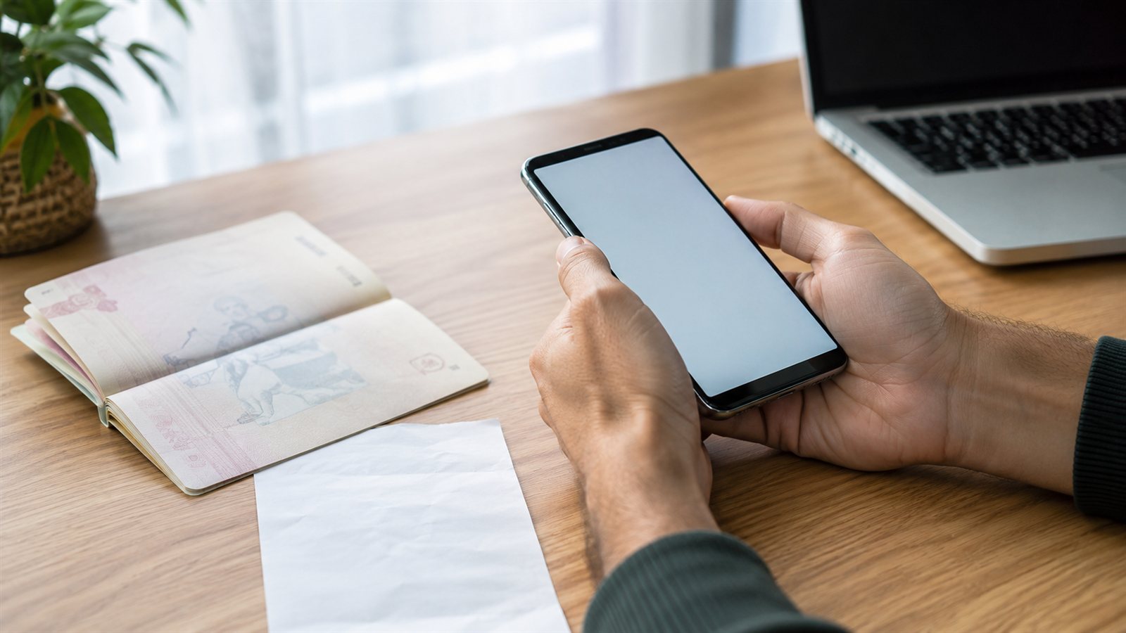 e-Devlet üzerinden IMEI kayıt başvurusu yapan kullanıcı; masada pasaport, dekont ve bilgisayar