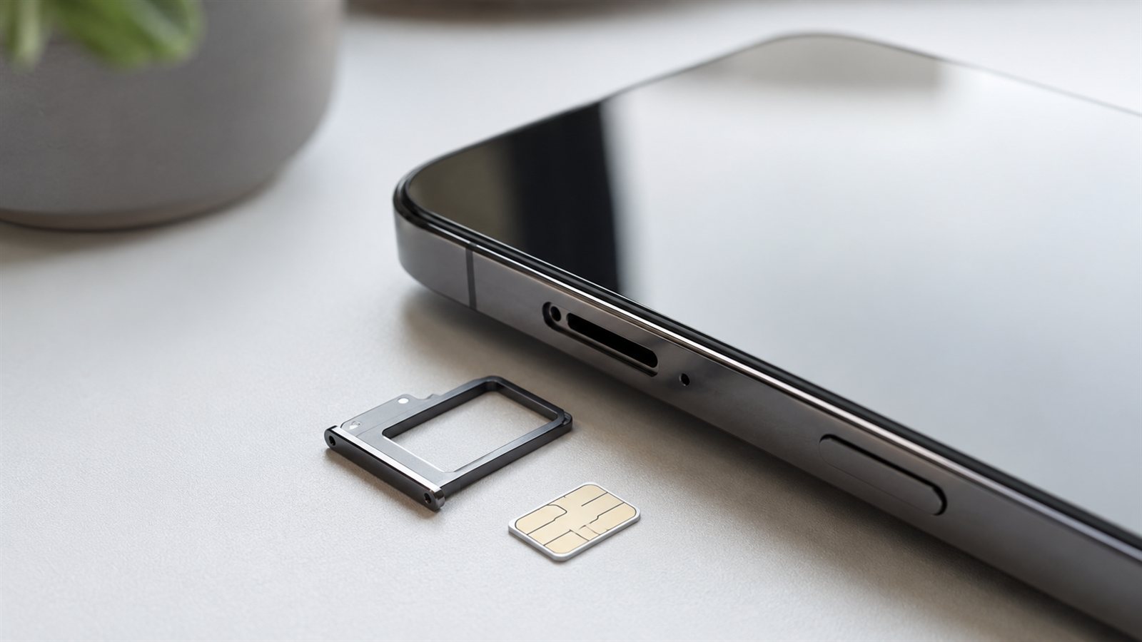 eSIM için açılmış SIM tepsisi ve nano SIM kartla akıllı telefon