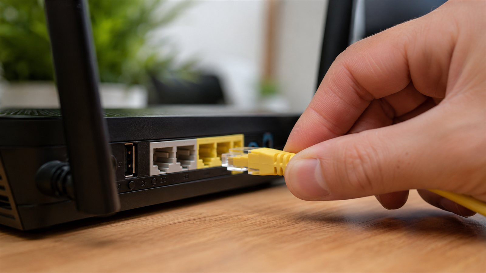 Modemin arkasındaki porta sarı ethernet kablosu takan bir el