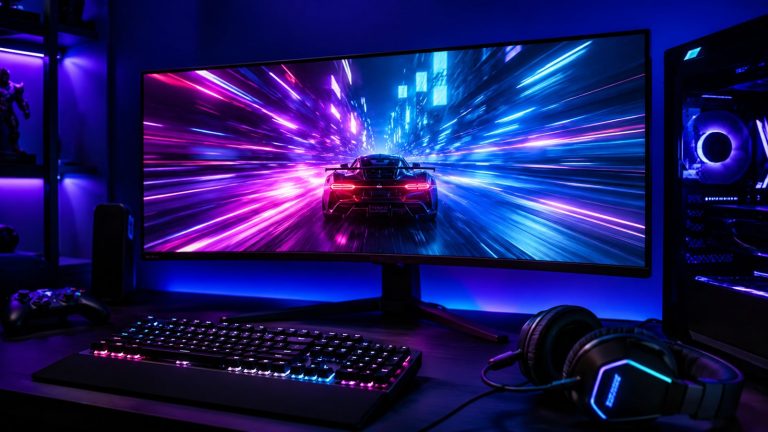 Neon ışıklı odada hızlı yarış sahnesi gösteren geniş oyun monitörü ve RGB klavye