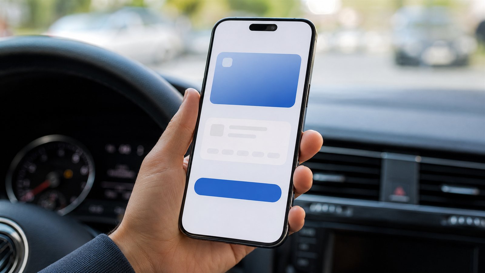 Araç içinde HGS bakiye sorgulama ekranı açık telefonu tutan el