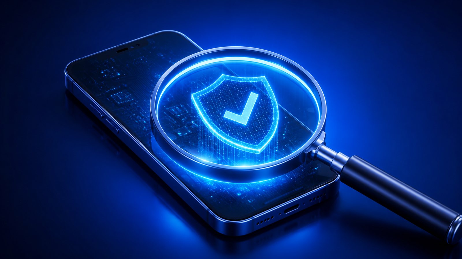 Büyüteçle taranan telefonun dijital onayını gösteren IMEI sorgulama illüstrasyonu
