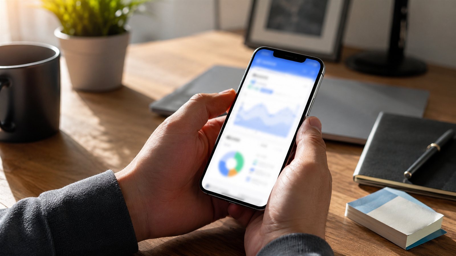 Ahşap masa üzerinde elinde akıllı telefon tutarak IMEI sorgulama yapan kullanıcı