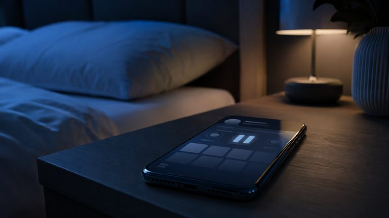 Gece komodinin üzerinde duraklatma simgesiyle sönükleşen sosyal medya ekranlı telefon