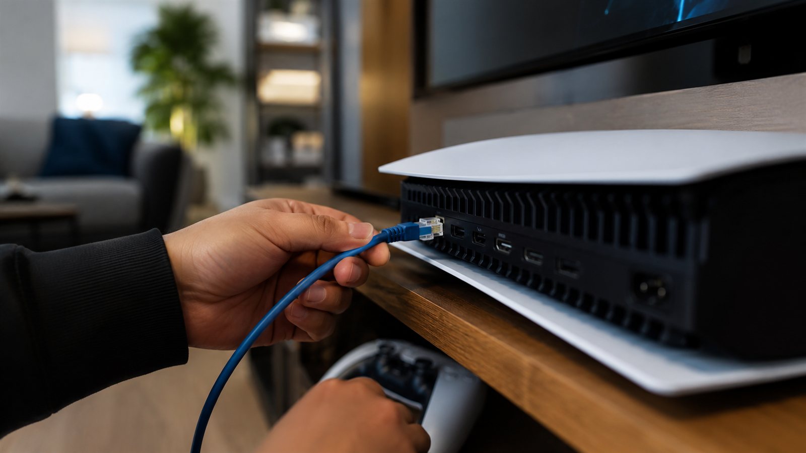 TV ünitesindeki oyun konsoluna ethernet kablosu takan ellerin yakın çekimi
