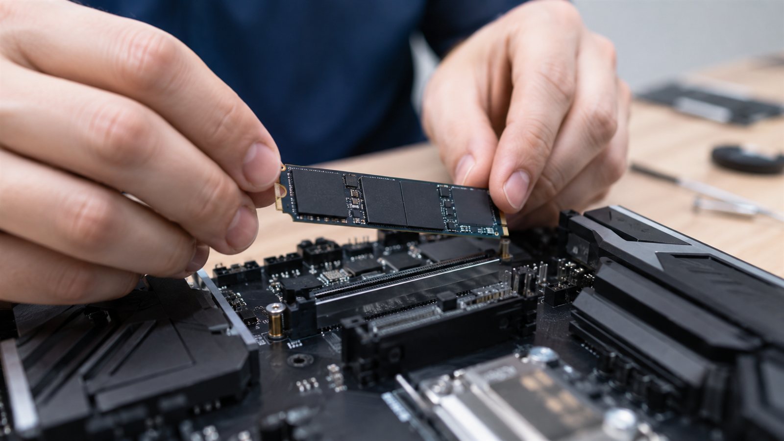 Anakarttaki M.2 yuvasına SSD takan eller, yakın çekim