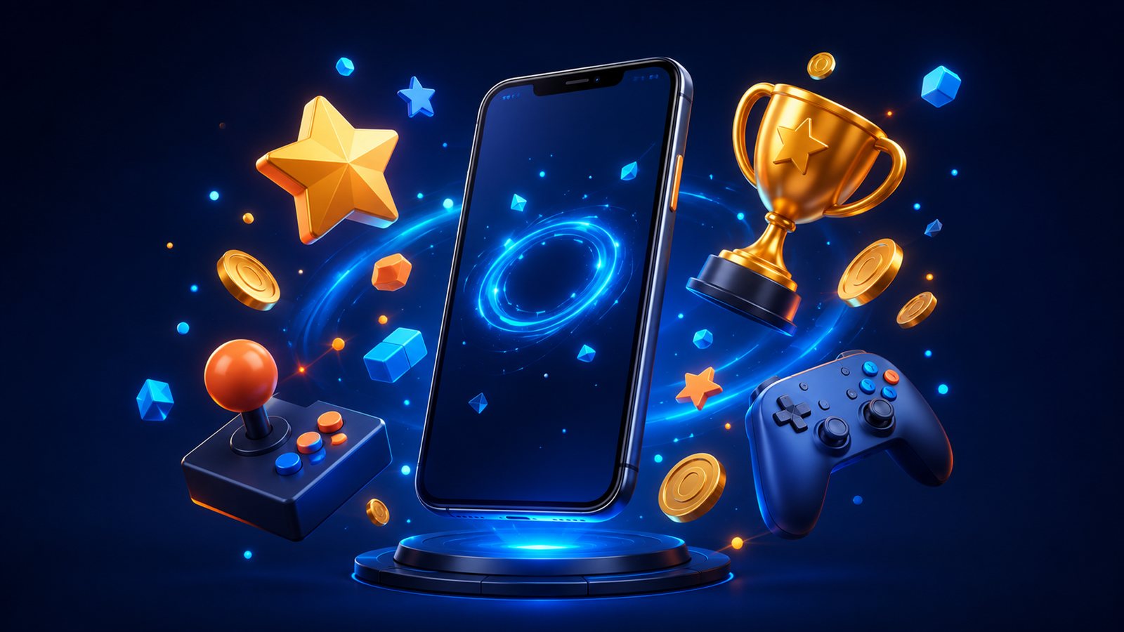 Ücretsiz mobil oyunlar temalı, joystick, yıldız ve kupa öğeleriyle çevrili telefon illüstrasyonu