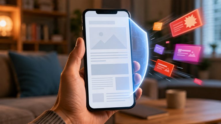 Elde tutulan telefonun etrafındaki reklam pencerelerini saptıran mavi kalkan parıltısı