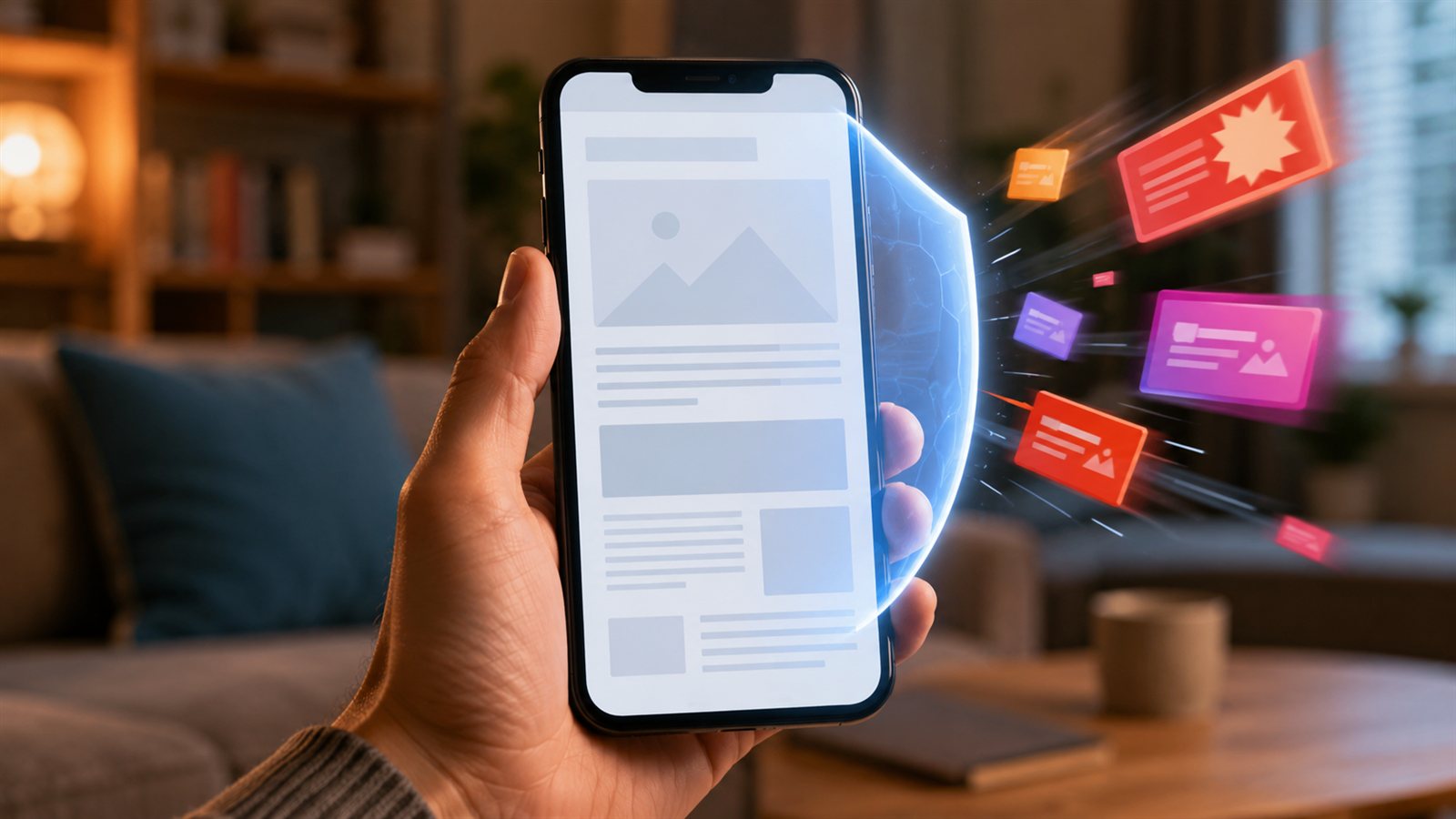 Elde tutulan telefonun etrafındaki reklam pencerelerini saptıran mavi kalkan parıltısı