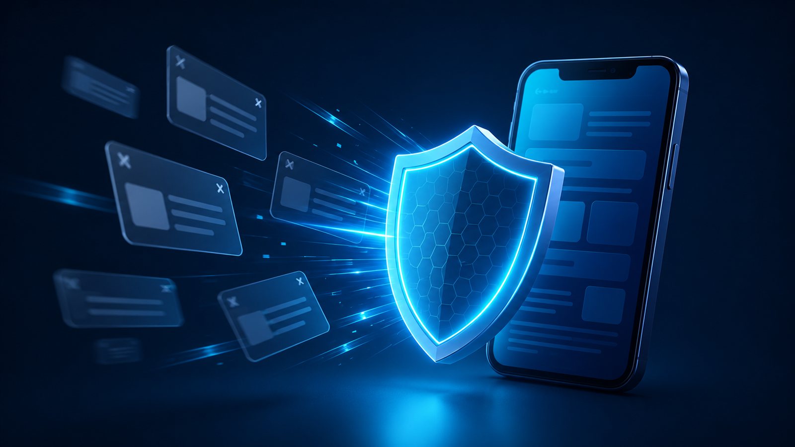 Reklam engelleme temalı, telefonun önünde reklam kutularını saptıran büyük kalkan illüstrasyonu