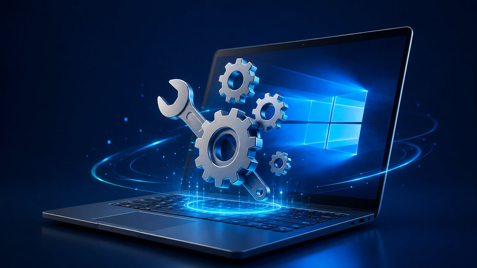 Windows 11 güncelleme sorunu onarımını simgeleyen, dişli ve anahtarlı dizüstü illüstrasyonu