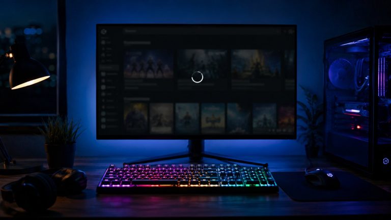 Gece masasında yükleme simgesinde takılı kalmış oyun mağazası ekranı ve RGB klavye