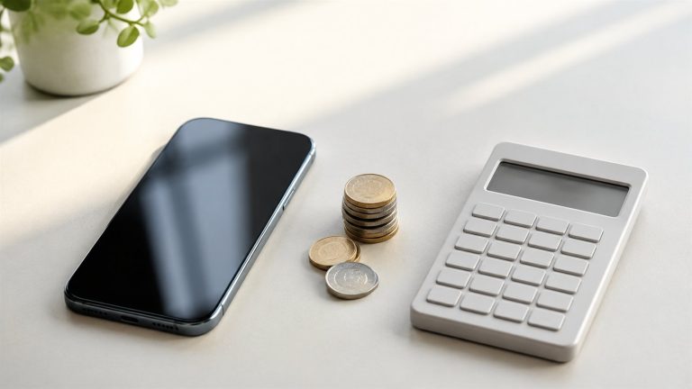 Telefon ÖTV oranları temalı akıllı telefon, madeni para ve hesap makinesi