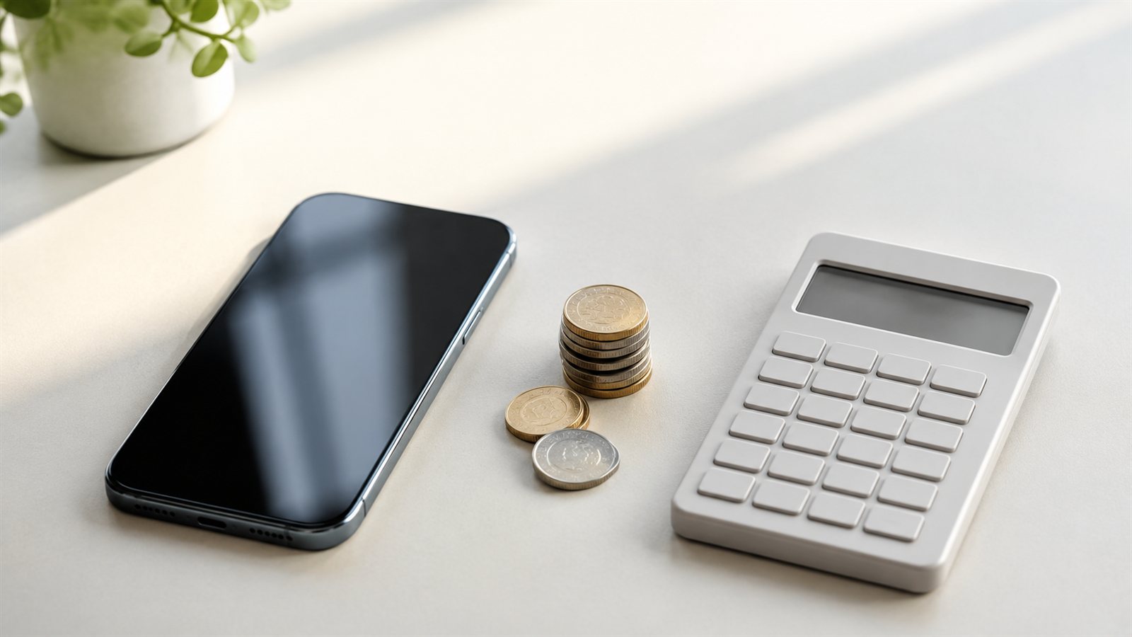Telefon ÖTV oranları temalı akıllı telefon, madeni para ve hesap makinesi