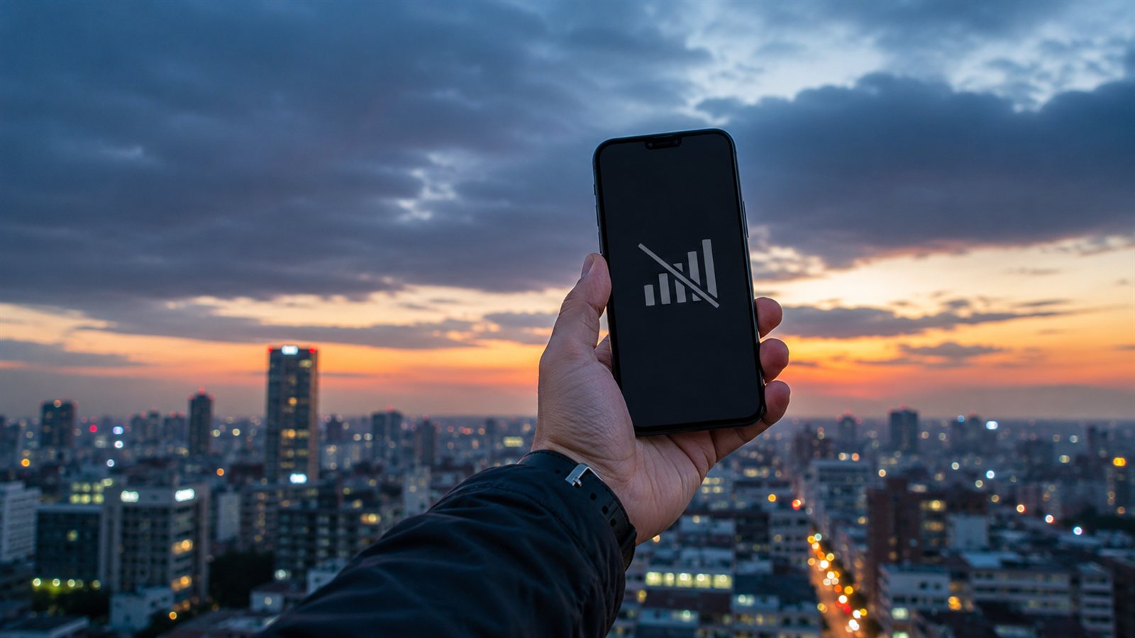 Şehir manzarasına karşı telefonu havaya kaldırıp sinyal arayan bir el