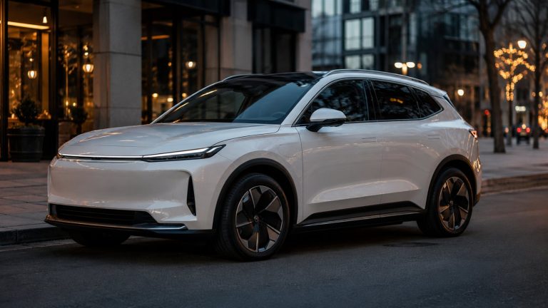 Şehir içinde park halinde beyaz elektrikli SUV