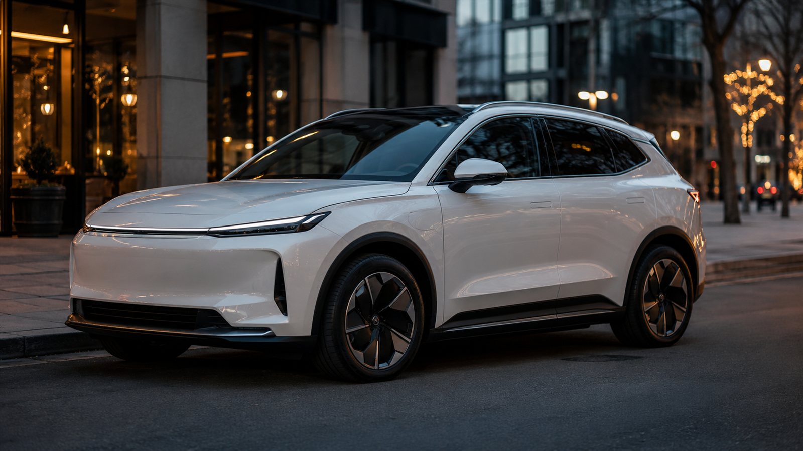 Şehir içinde park halinde beyaz elektrikli SUV