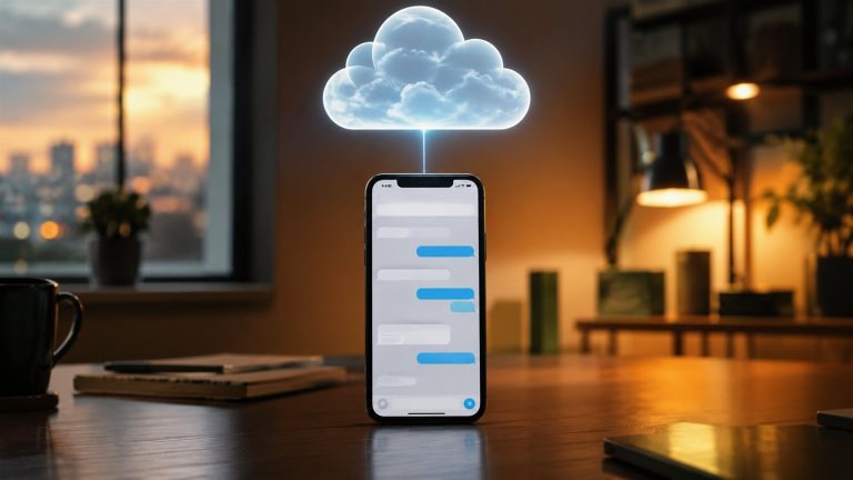 Masada duran telefonun üzerinde parlayan bulut ve sohbet balonlu mesajlaşma ekranı
