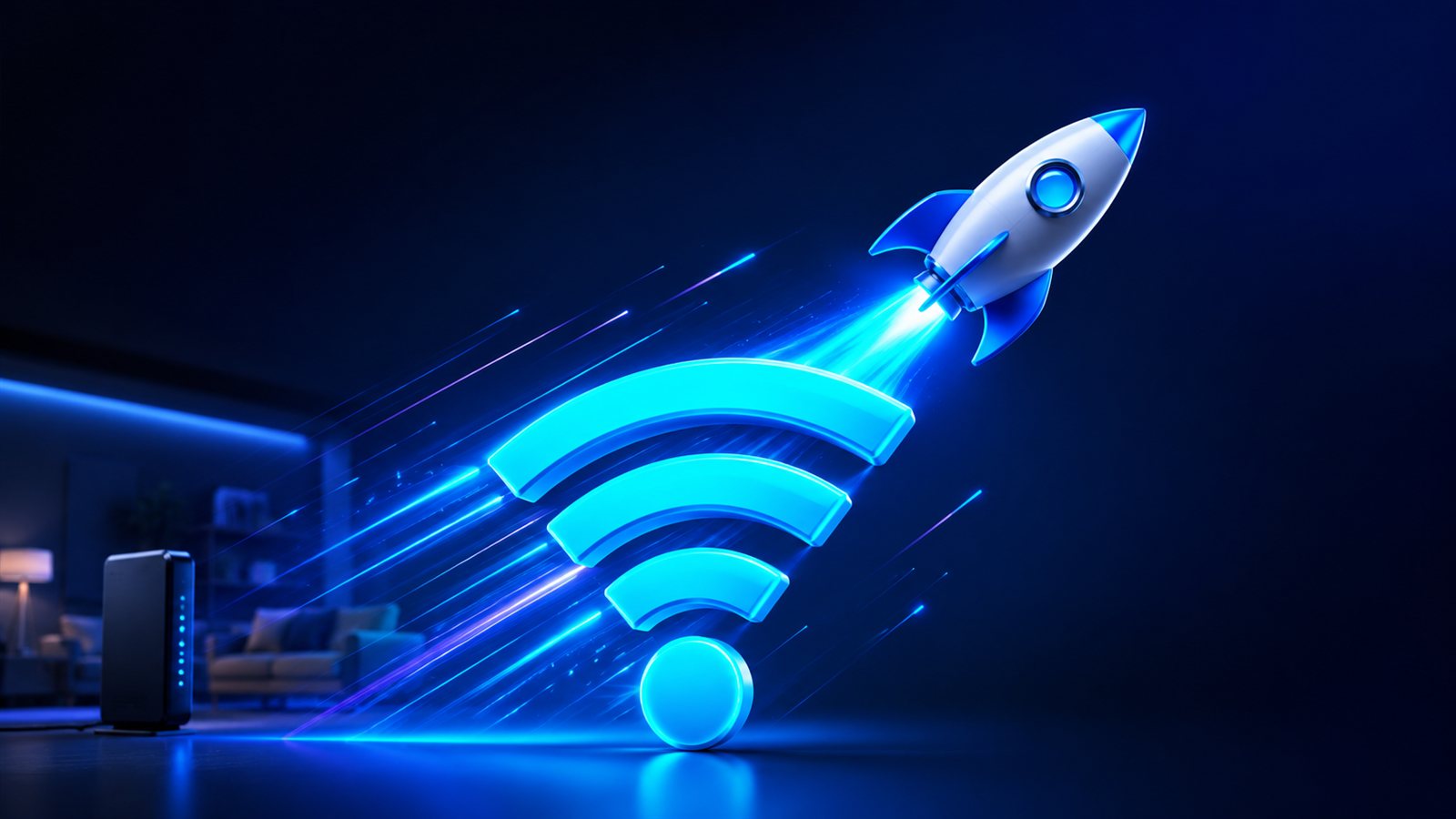 Roketle yükselen Wi-Fi sembolünün mavi neon 3D illüstrasyonu