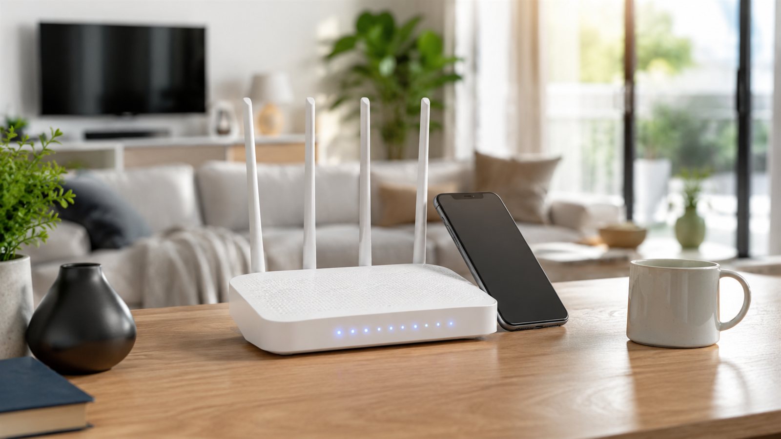 Salonda ahşap masa üzerinde duran beyaz kablosuz modem ve yanında akıllı telefon