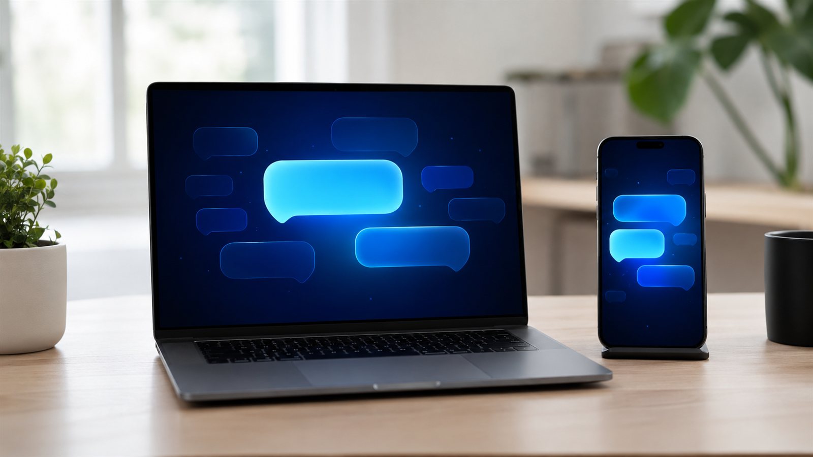 Yapay zeka asistanı kullanılan masada dizüstü bilgisayar ve telefon