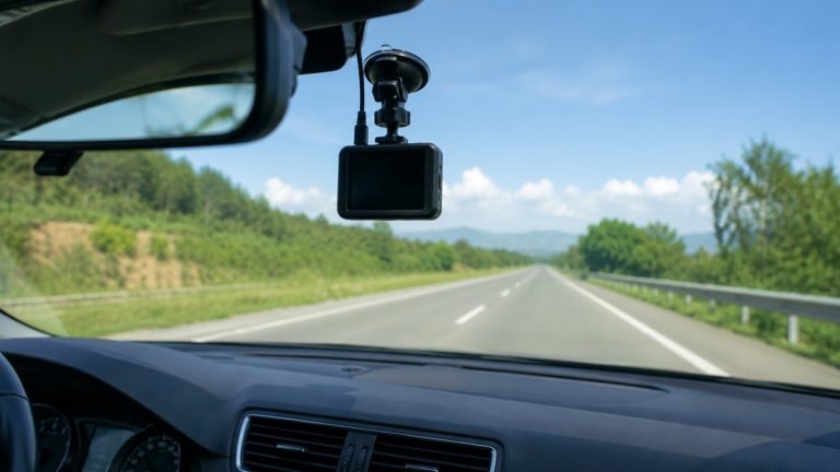Araç kamerası ön cama monte edilmiş hâlde yol görüntüsü