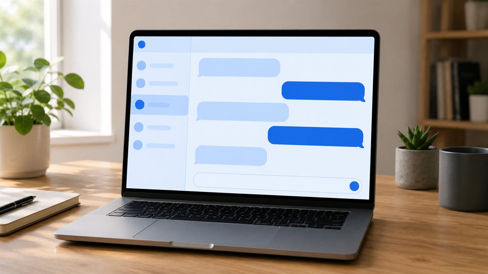 Laptop ekraninda sohbet balonu bicimindeki mavi arayuz