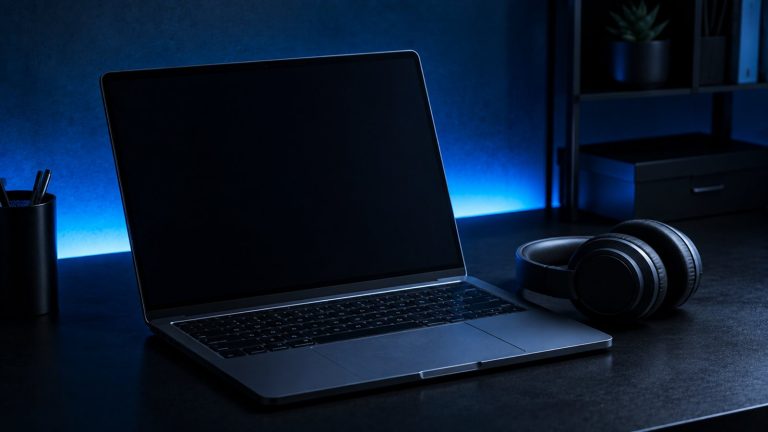 Discord sunucu kurmak icin masada laptop ve kulakustu kulaklik
