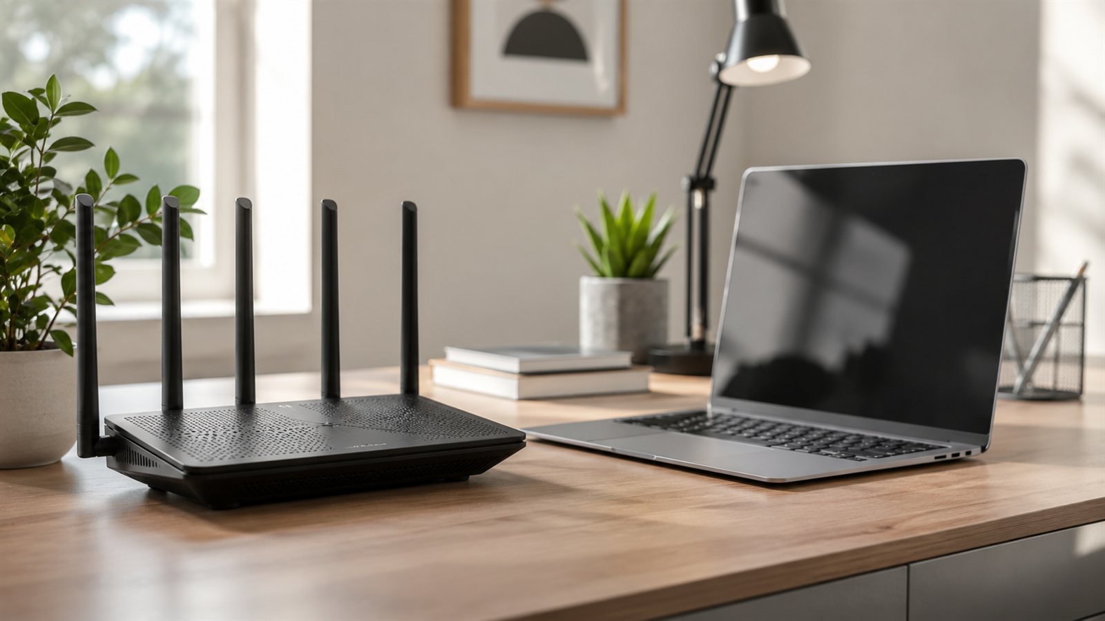 Fiber internet icin masada modem ve laptop