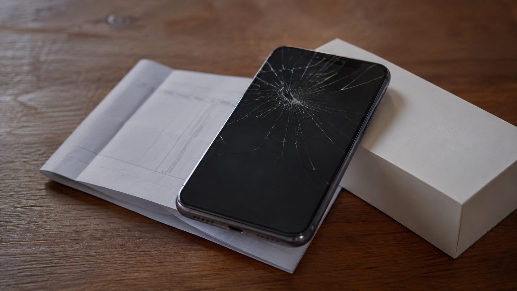Kırık ekranlı telefonun yanında duran garanti belgesi