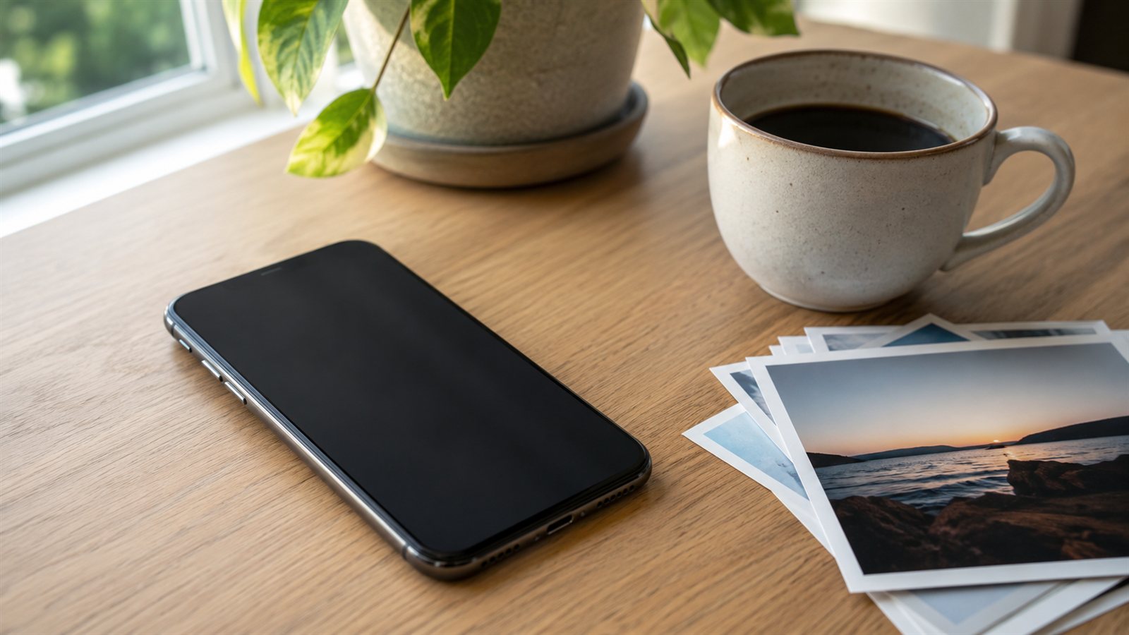 Google Fotograflar yedeklemesi icin masada telefon ve basili fotograflar