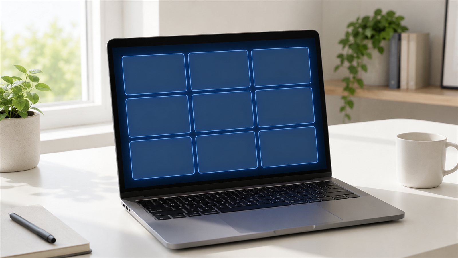 Google Meet toplantisi icin laptop ekraninda goruntulu gorusme izgarasi