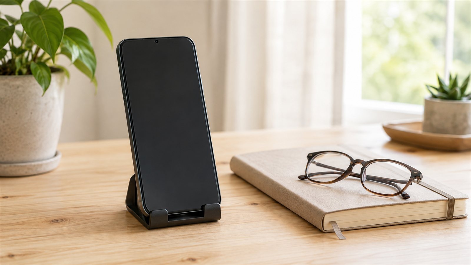 Masada stand icinde ekrani kapali telefon ve defter
