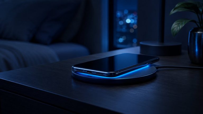 Kablosuz şarj pedinde duran akıllı telefon ve mavi ışıltı