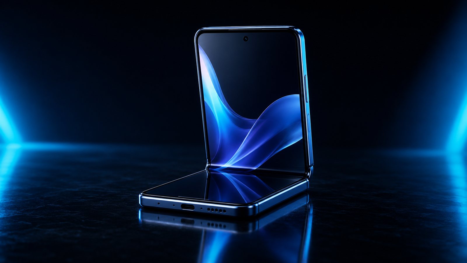 Katlanabilir telefon yarı açık hâlde koyu zemin üzerinde duruyor