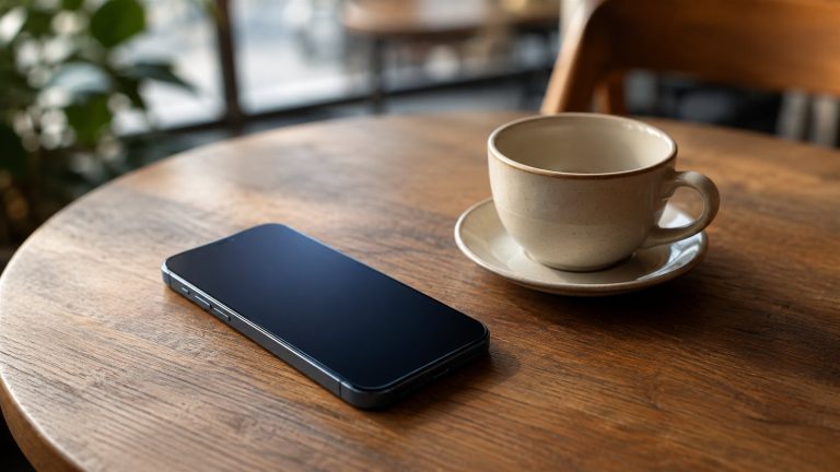 Kayip telefon bulma: kafe masasinda unutulmus telefon ve bos fincan