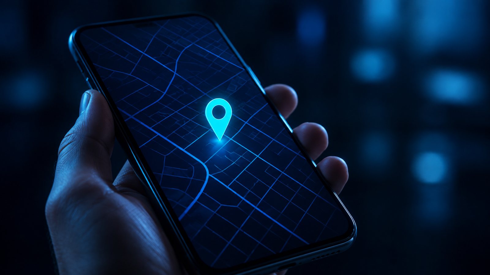 Telefon ekraninda mavi cizgilerden harita ve konum isareti