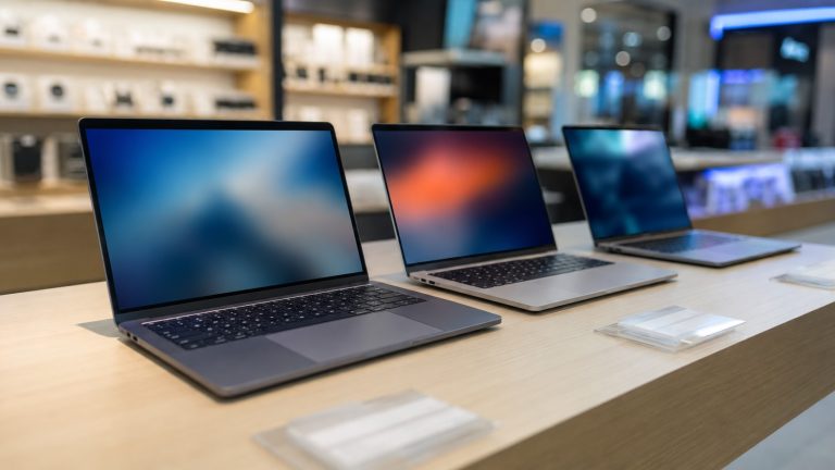 Laptop alırken dikkat edilecekler: mağazada yan yana duran dizüstü bilgisayarlar