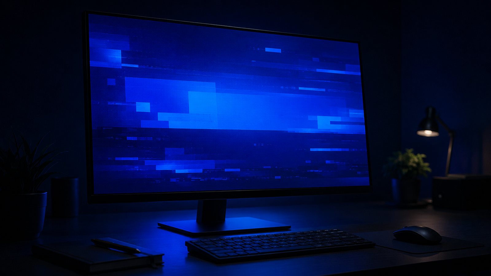 Mavi ekran hatası veren bilgisayar ekranı karanlık bir odada