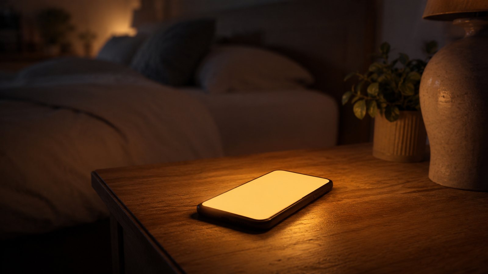 Mavi isik filtresi acik telefon gece komodinde amber renkli ekranla