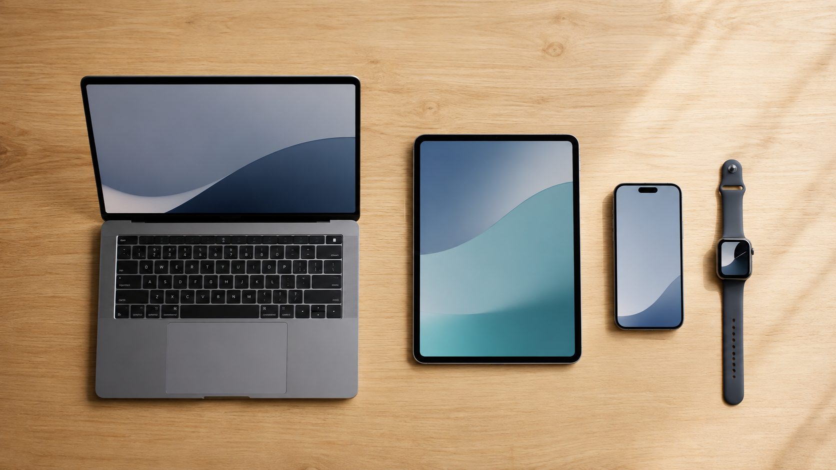 Bir evde modeme bağlı cihazlar: dizüstü bilgisayar, tablet, telefon ve akıllı saat