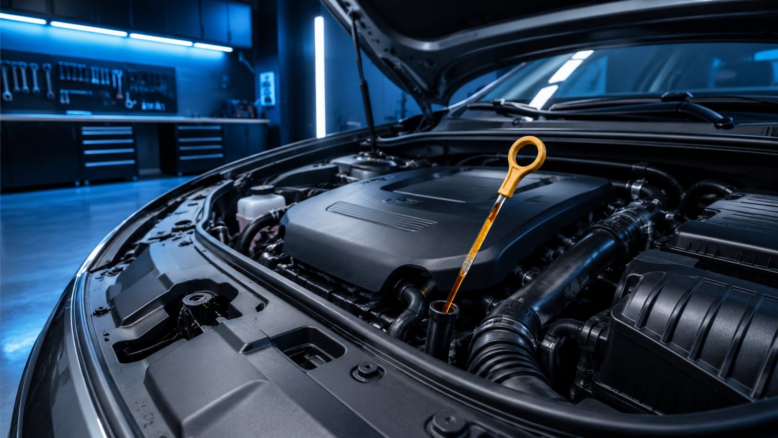Motor yağı seviyesi ölçülen açık kaputlu araç