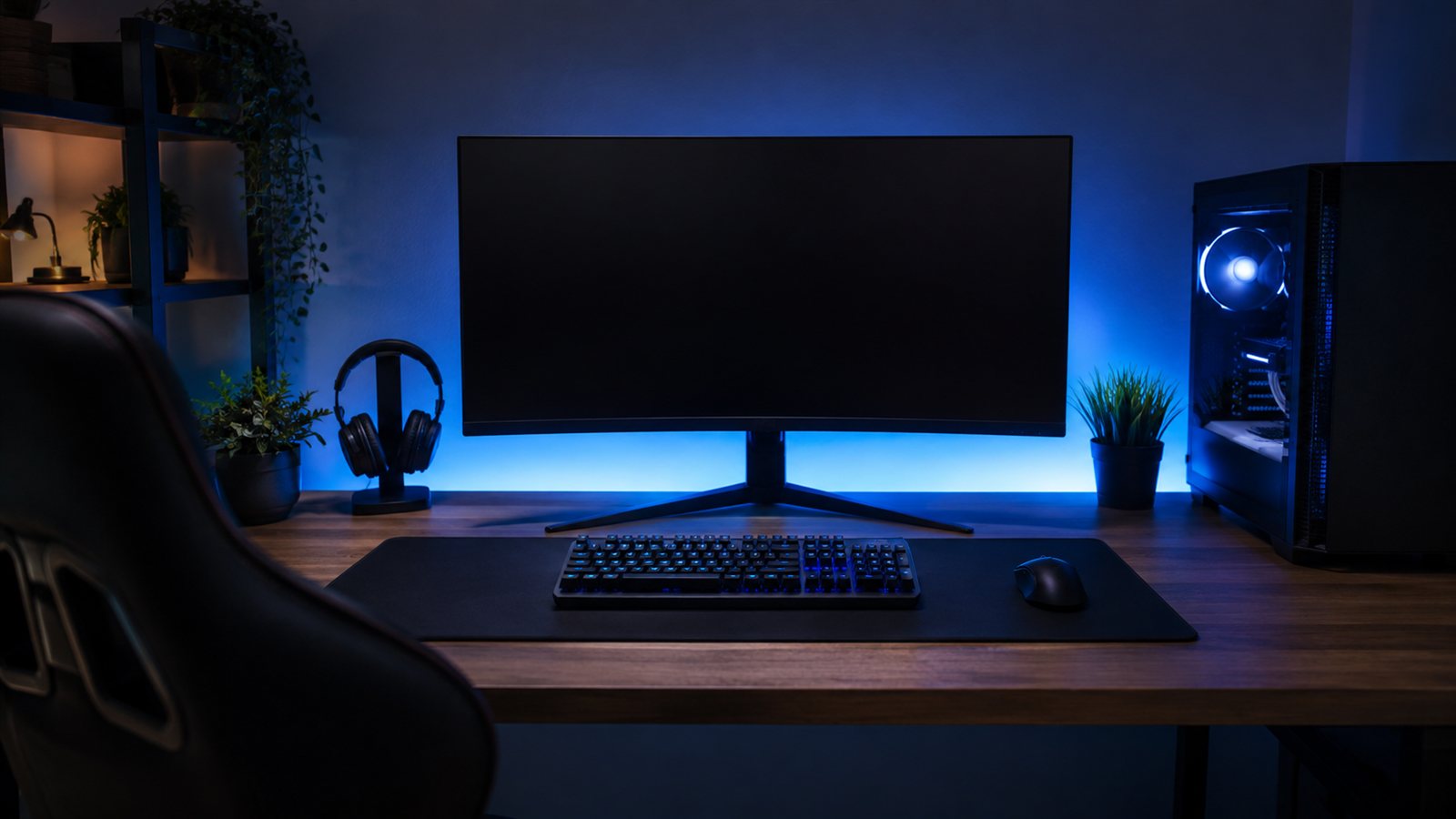 Oyun bilgisayari masasi: geniс monitor mekanik klavye ve fare