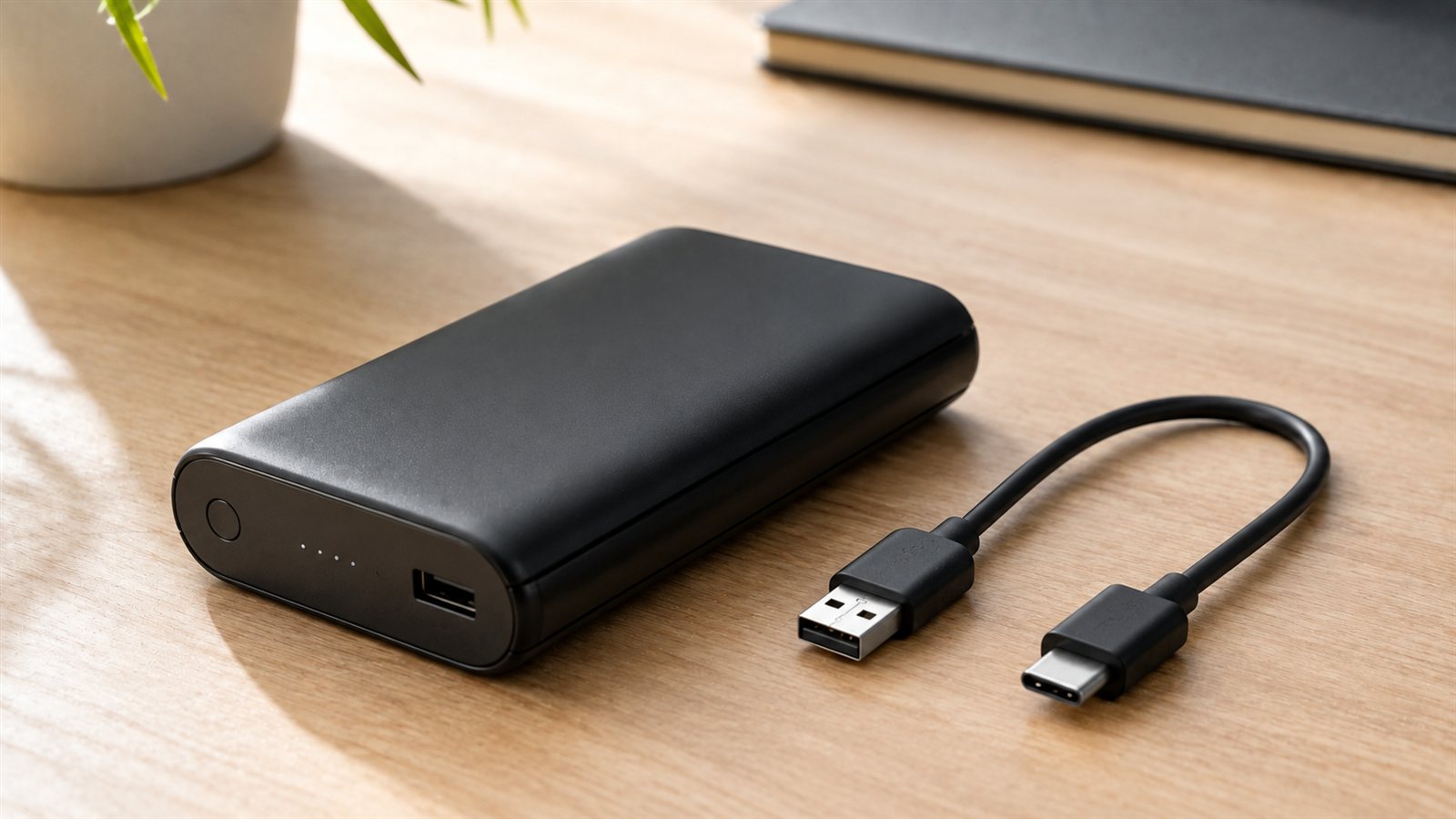 Powerbank secimi icin masada tasinabilir sarj cihazi ve kablo
