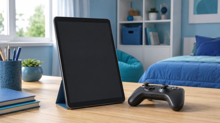 Roblox oynanan cocuk odasinda tablet ve oyun kumandasi