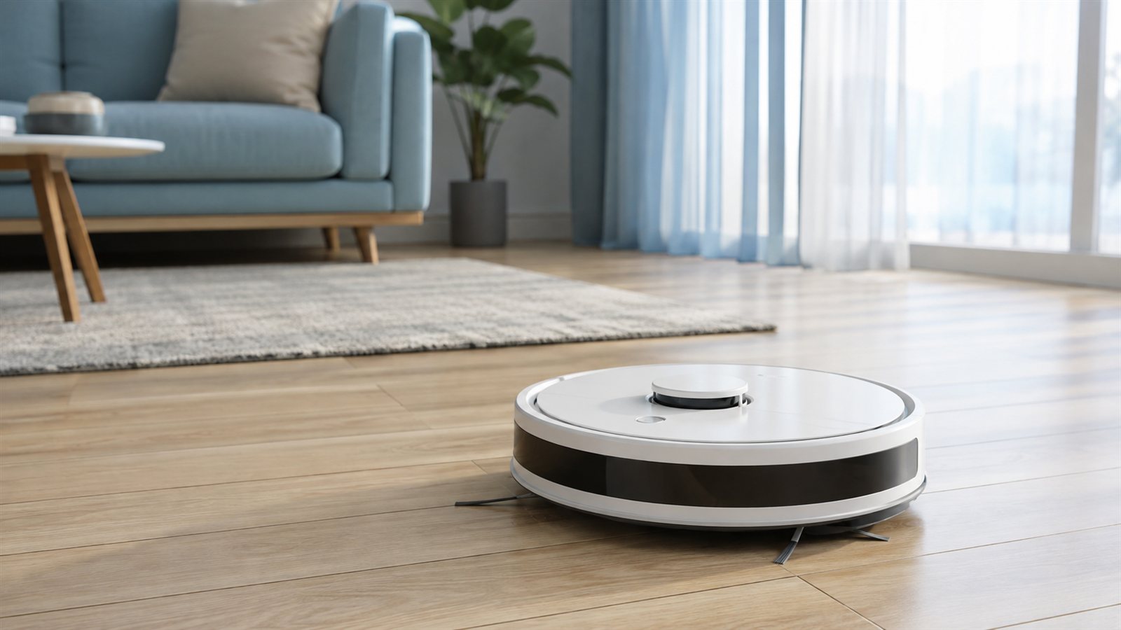 Robot süpürge salonda ahşap zemini temizlerken