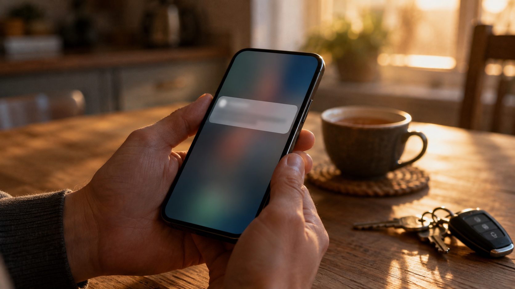 Sahte SMS bildirimi gelen telefonu tutan el, ahşap masada çay bardağı ve araba anahtarı