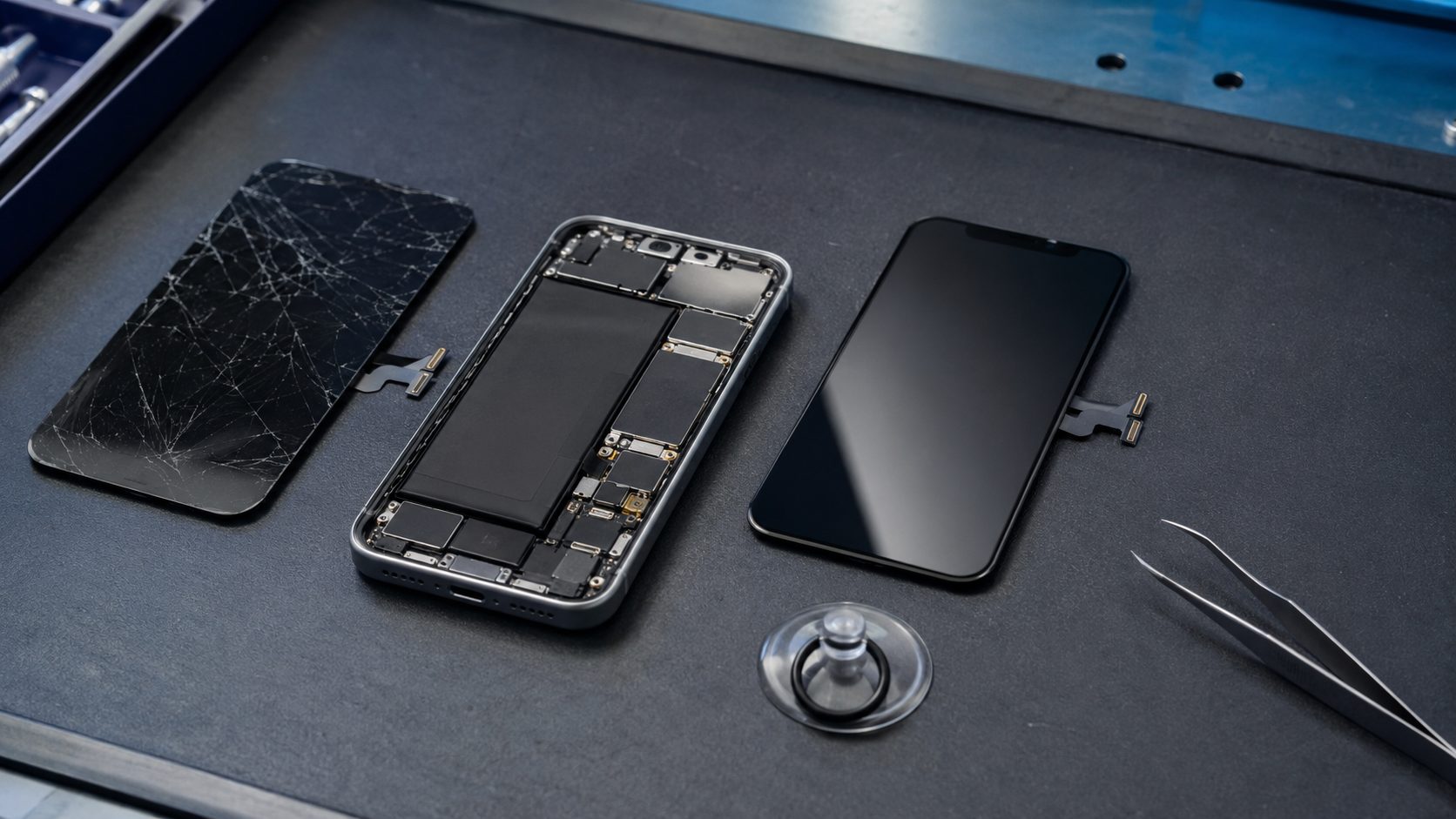 Telefon ekran değişimi: servis masasında sökülen panel ve yedek ekran